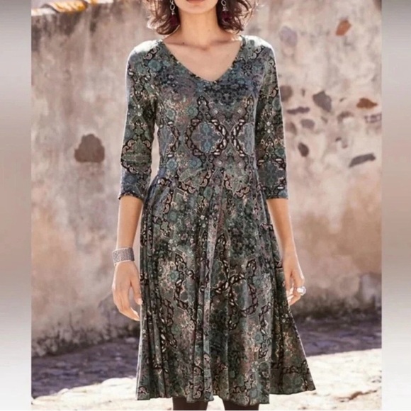 Peruvian Connection Dresses & Skirts - Peruvian Connection Gray Blue Pink 3/4 Sleeve v-neck Dress lightweight travel M